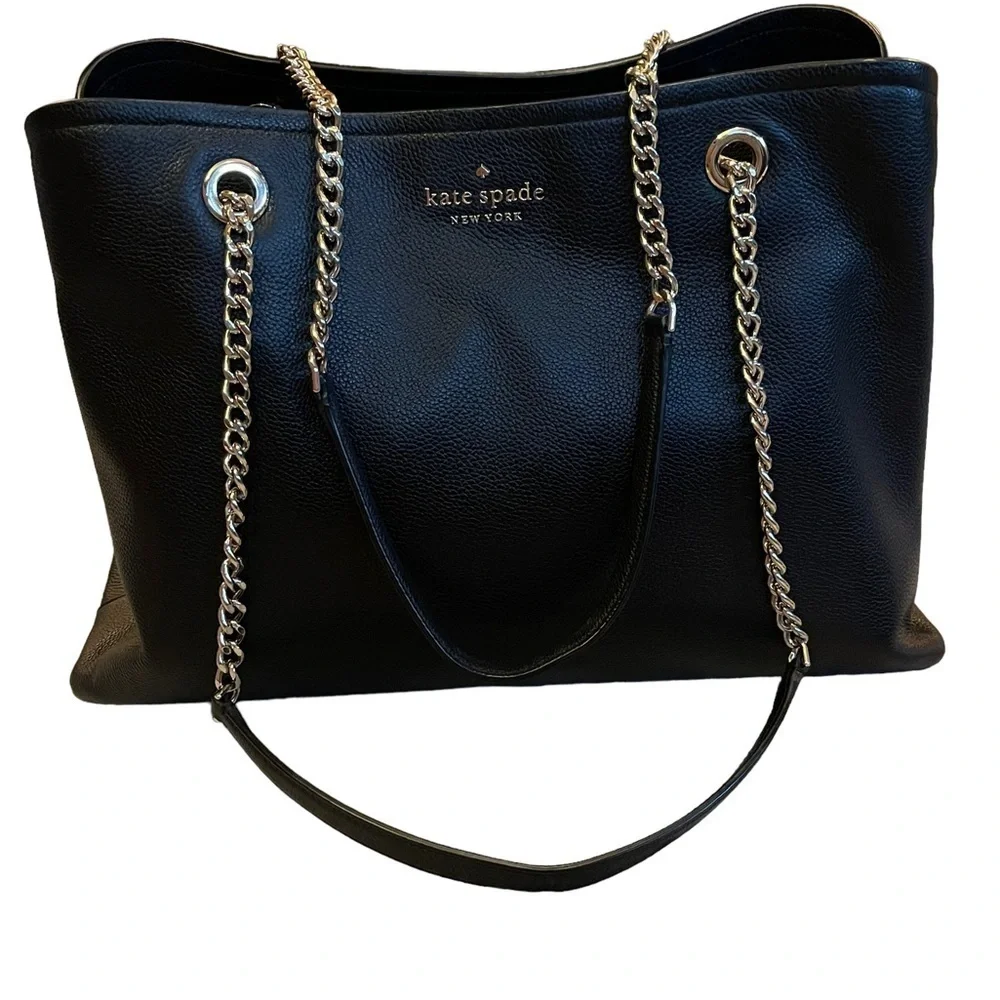 Kate Spade New York Large‎ Black Pebbled Leather Jordyn Gold Chain Handle Tote